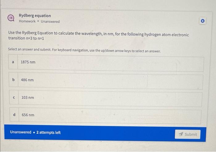Solved Rydberg Equation Homework Unanswered Use The Rydberg