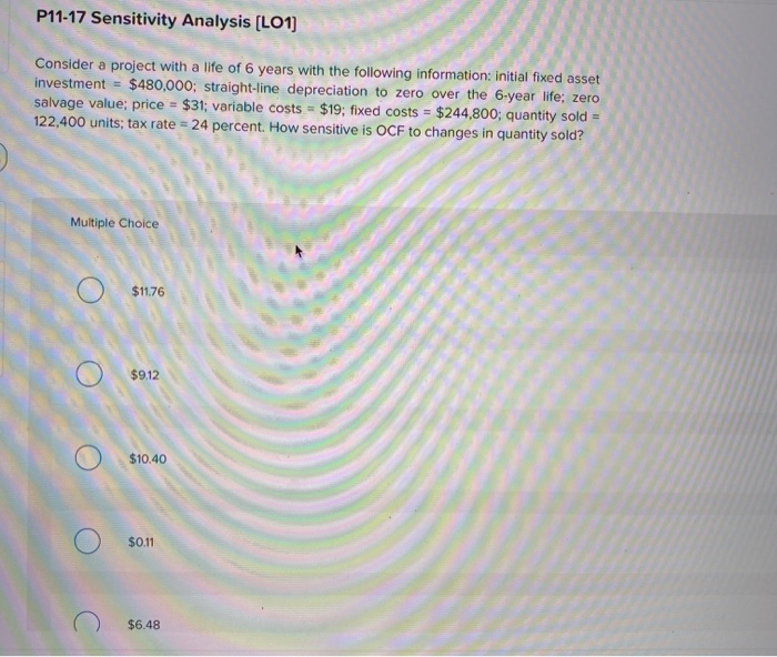 Solved P11-17 Sensitivity Analysis (LO1) Consider a project | Chegg.com