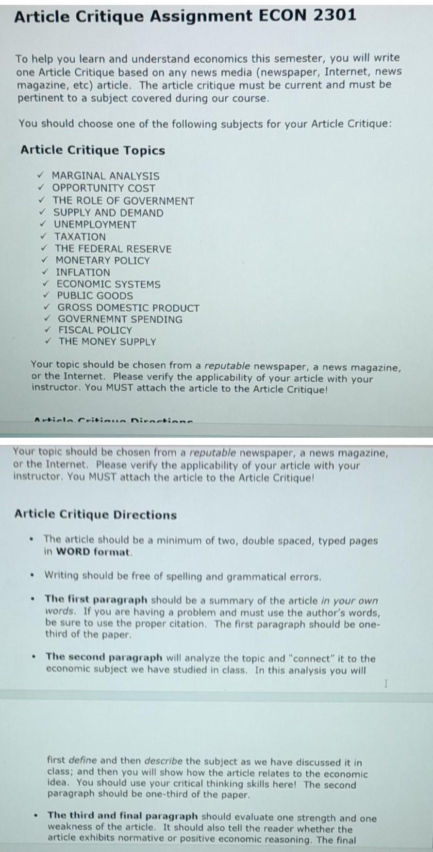 Solved Article Critique Assignment ECON 2301 To help you