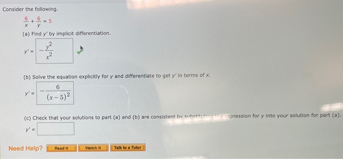 Solved Consider the following. 6 6 + = 5 y X (a) Find y' by | Chegg.com