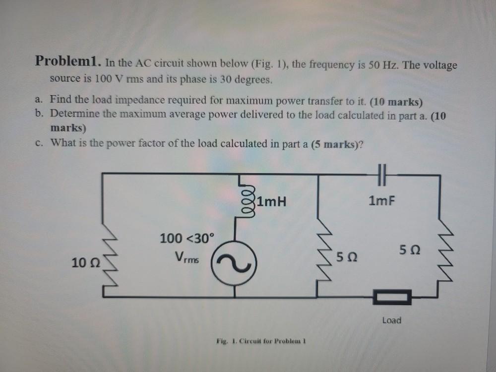 Solved Problem 1. In the AC circuit shown below (Fig. 1), | Chegg.com