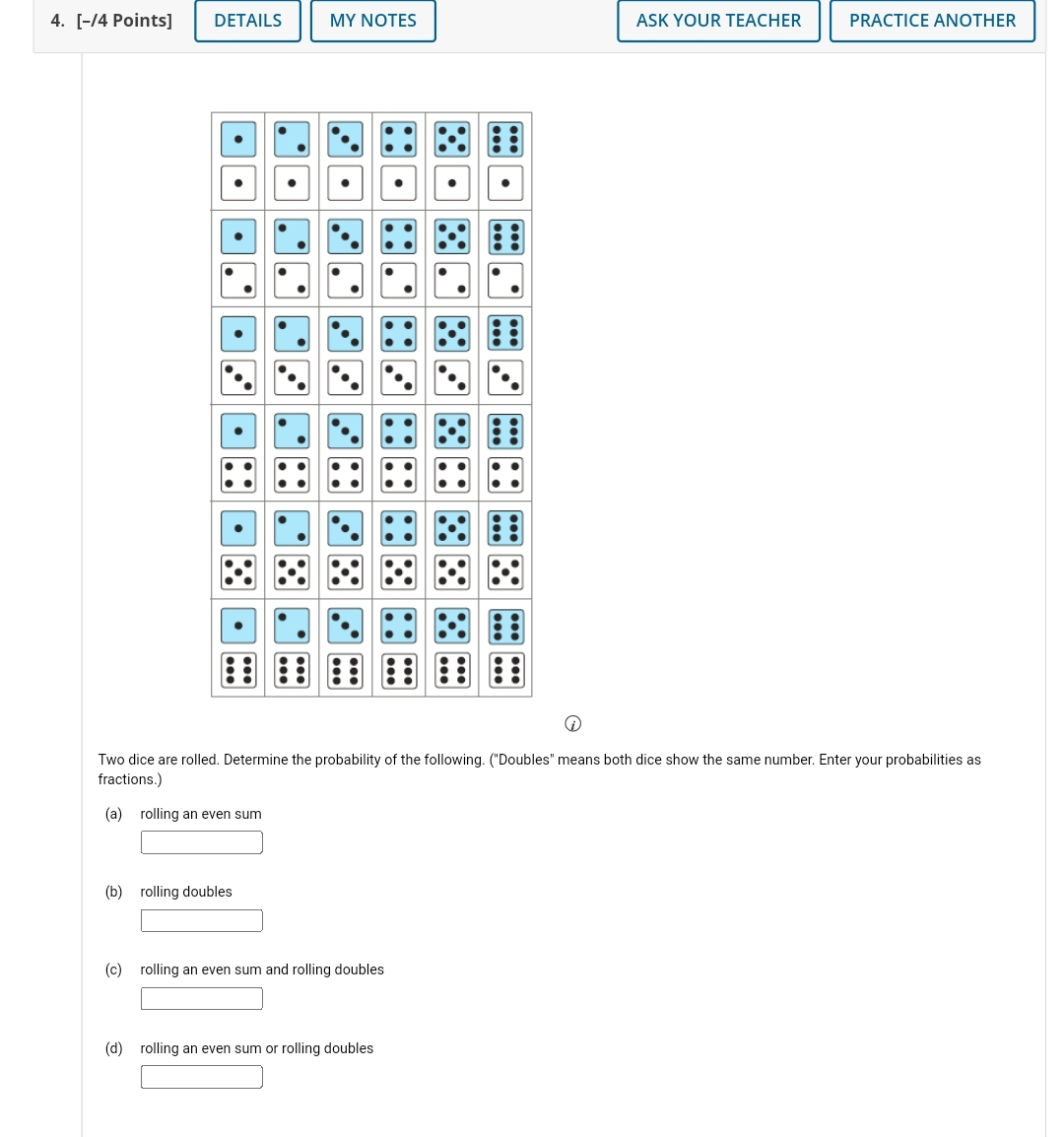 Solved [/4 ﻿Points] q,q,q,(i)Two dice are rolled. Determine