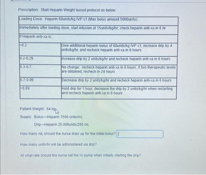 Solved Prescription: Start Heparin Weight based protocol as | Chegg.com