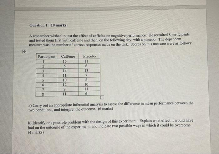 Question 1. [10 marks
A researcher wished to test the effect of caffeine on cognitive performance. He recruited 8 participant