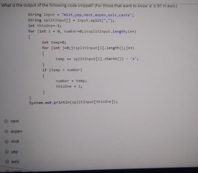Solved What is the output of the following code snippet? | Chegg.com