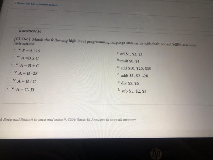 Solved Question completion Status QUESTION 30 [CLO-6] Match | Chegg.com