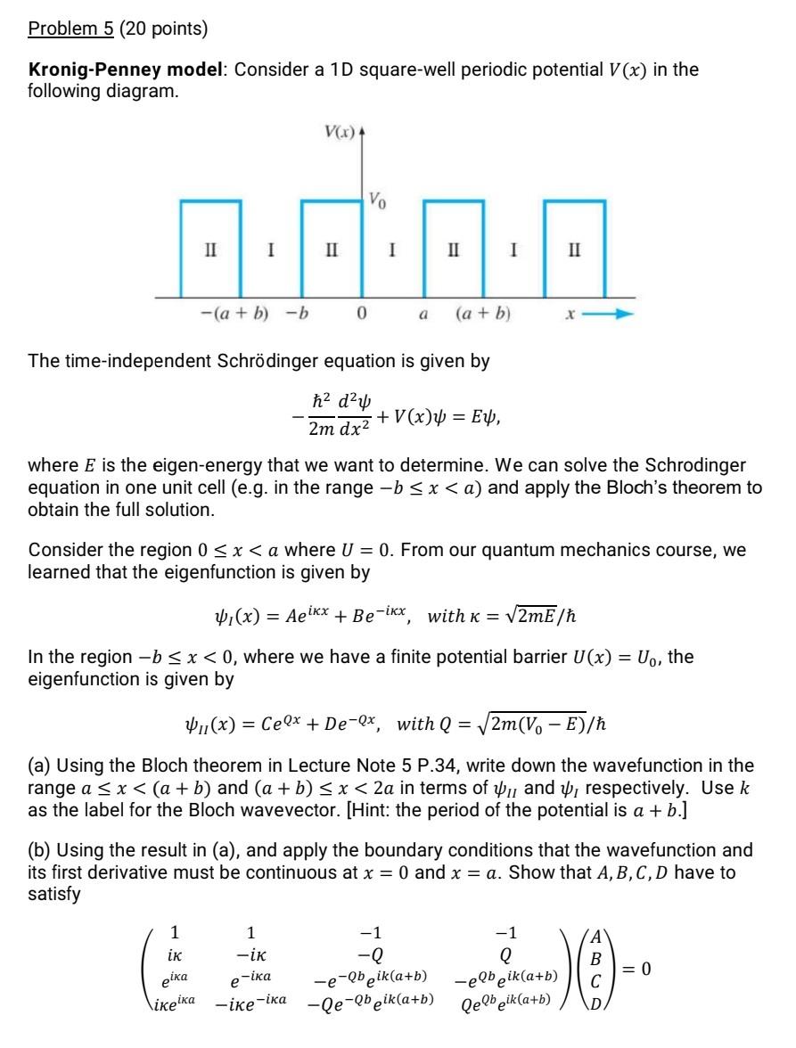 Solved Problem 5 (20 points) Kronig-Penney model: Consider a | Chegg.com