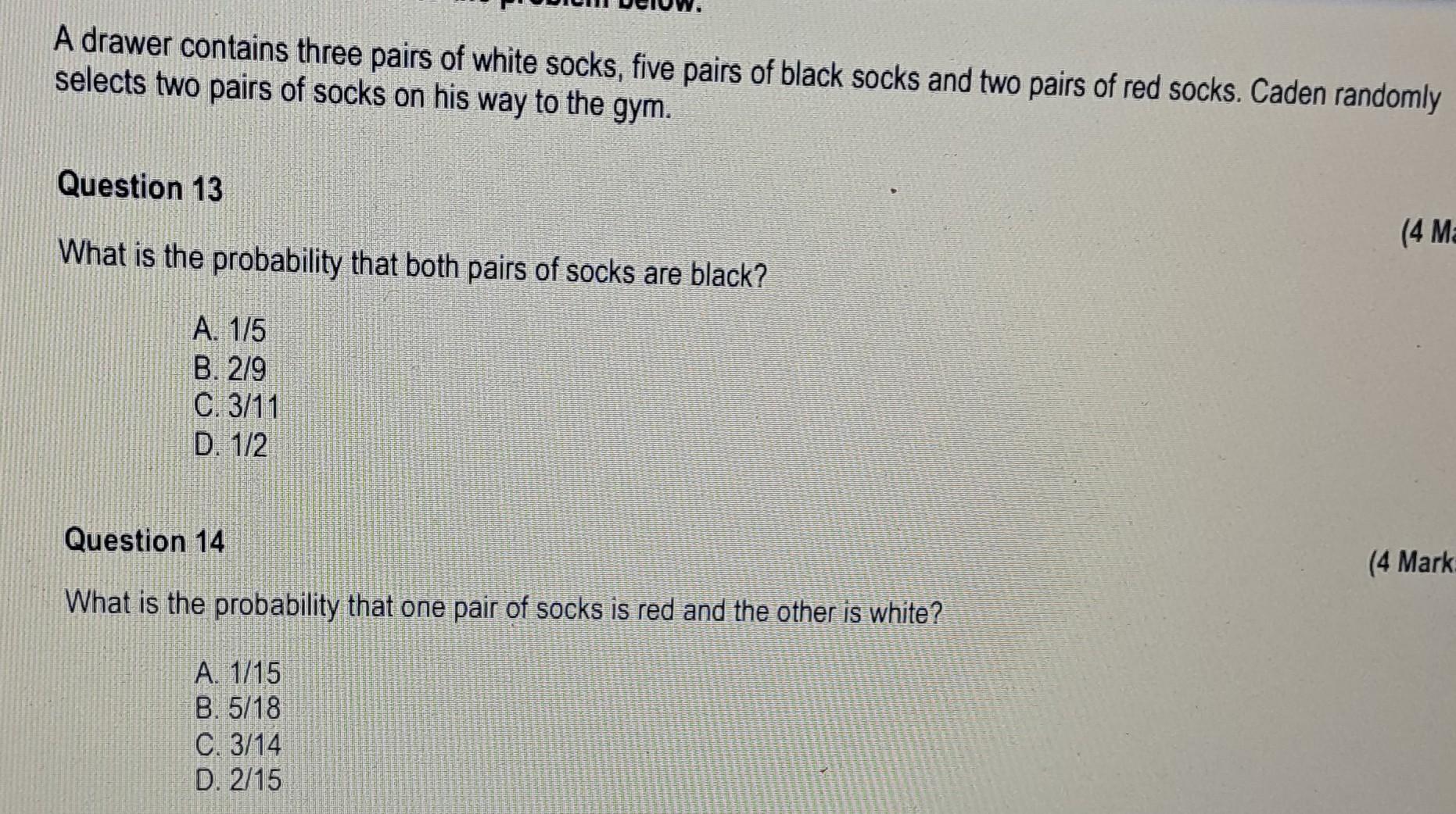 Solved A drawer contains three pairs of white socks five Chegg com