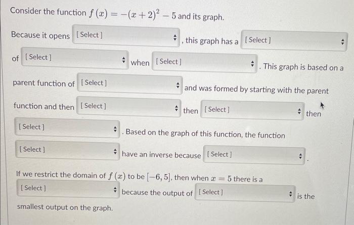 Solved Consider the function f(x)=−(x+2)2−5 and its graph. | Chegg.com