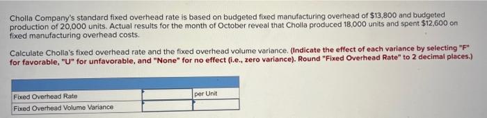 Solved Cholla Company's Standard Fixed Overhead Rate Is | Chegg.com