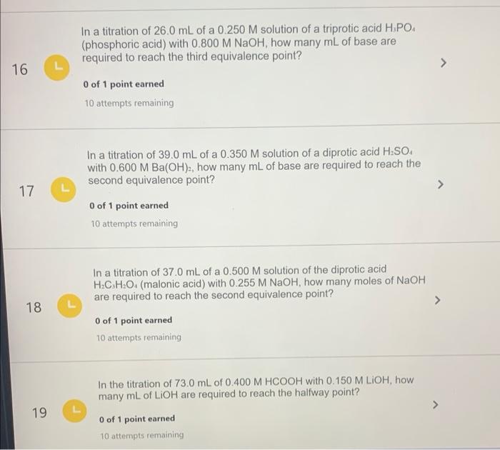 Solved In a titration of 26.0 mL of a 0.250 M solution of a | Chegg.com
