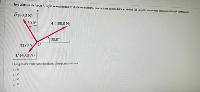 Tres vectores de fuerza A, B y C se encuentran en ol plano cartesiano. Los vectores son medidos en Newton (N). Describa los v