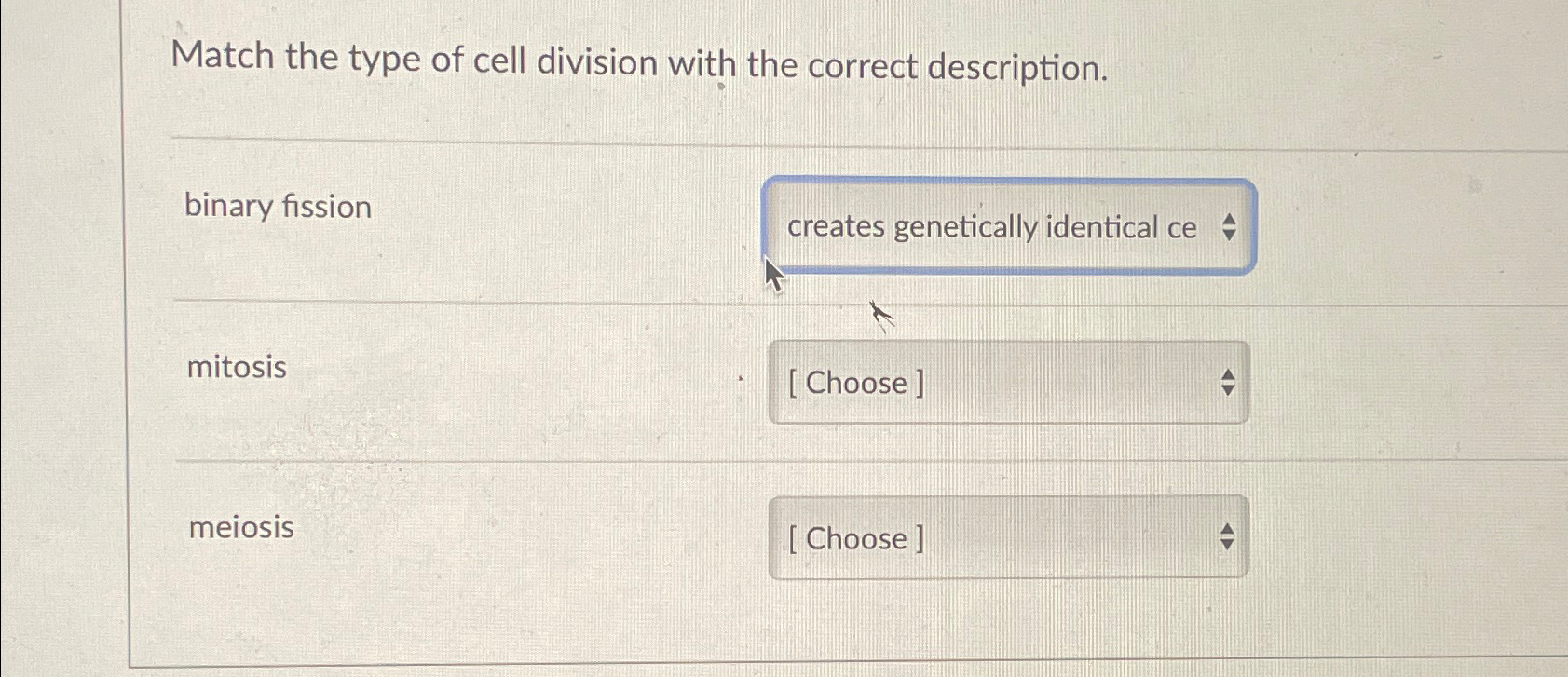 Solved Match the type of cell division with the correct | Chegg.com