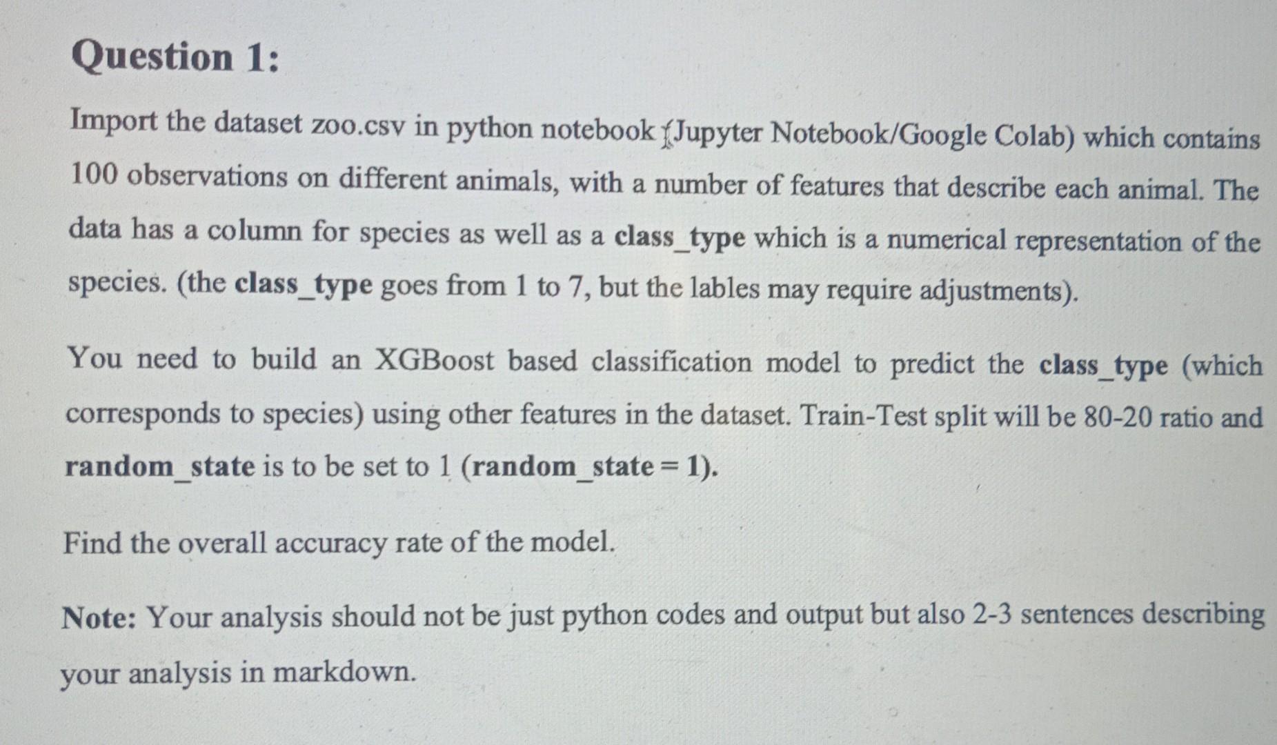 Solved Question 1: a Import the dataset zoo.csv in python | Chegg.com