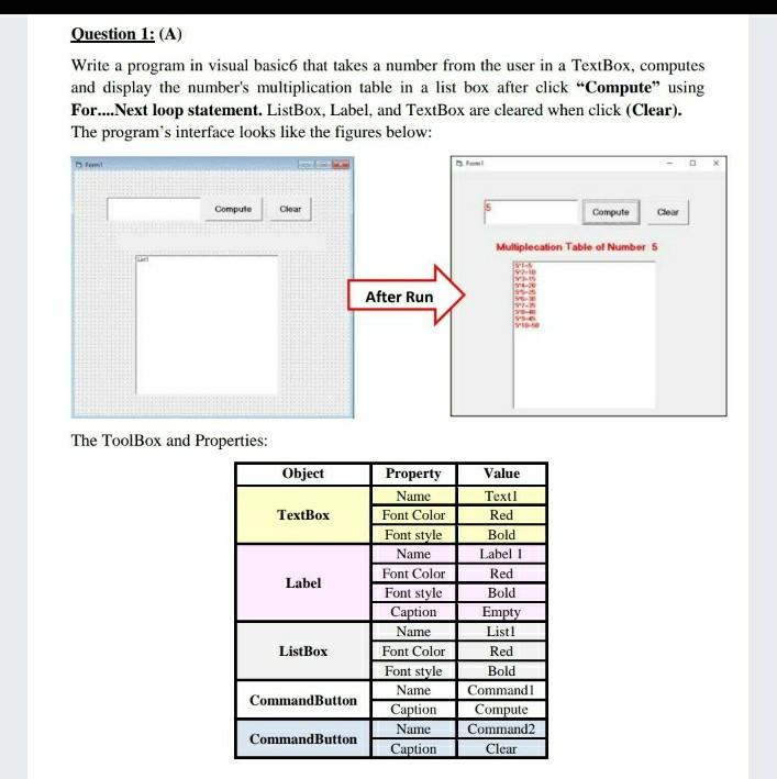 Solved Question 1: (A) Write a program in visual basic6 that | Chegg.com