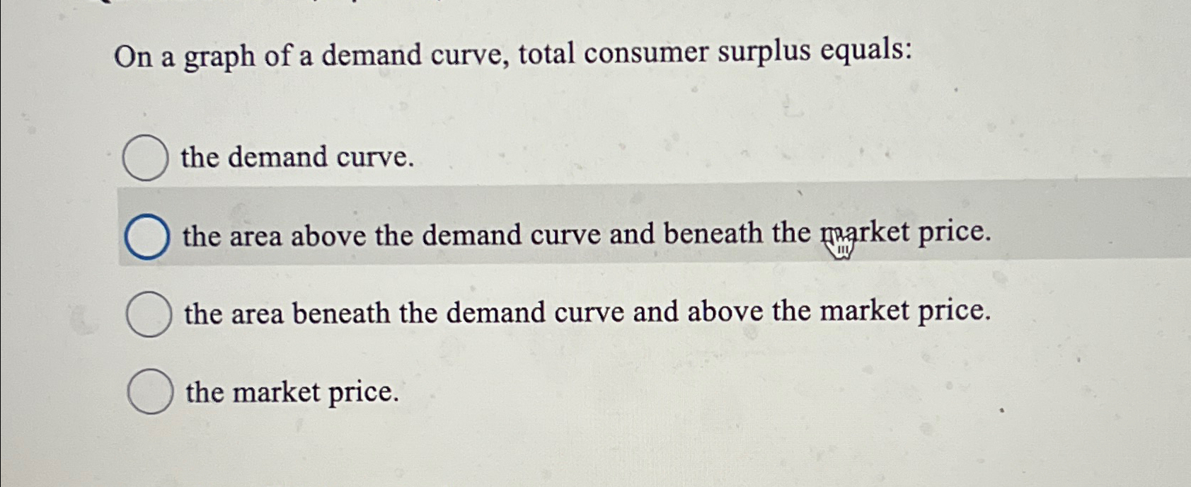 Solved On a graph of a demand curve, total consumer surplus | Chegg.com