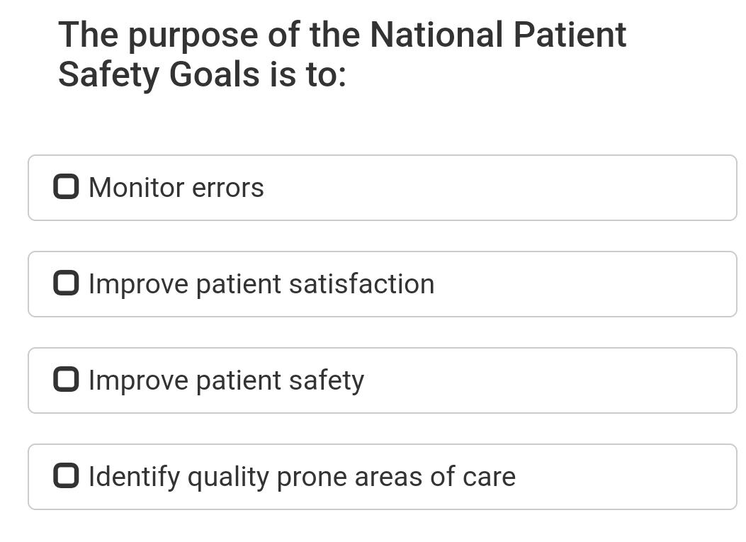 Solved The purpose of the National Patient Safety Goals is