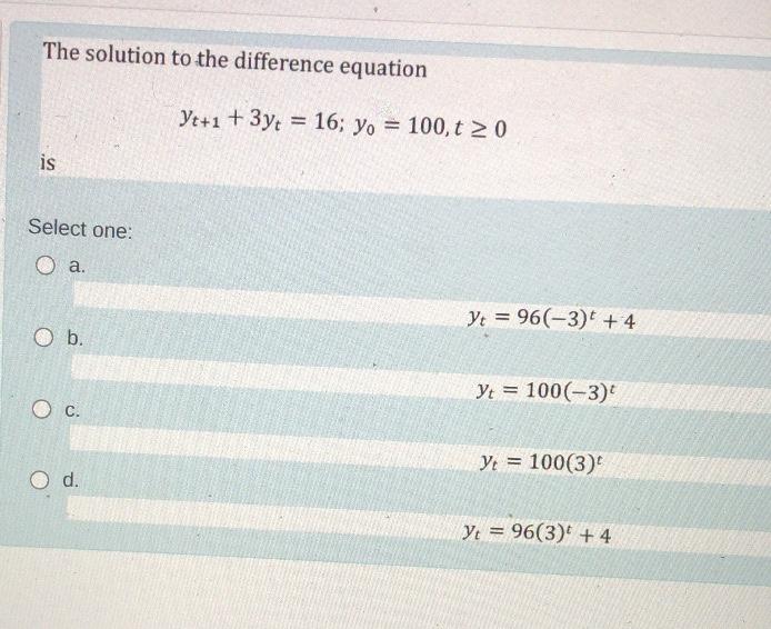 Solved The solution to the difference equation Yt+1 + 3yt = | Chegg.com