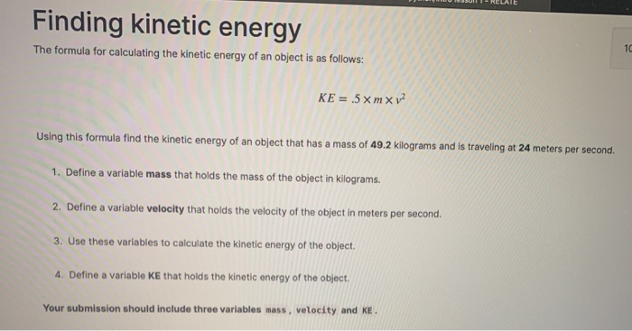 Solved Finding kinetic energy The formula for calculating | Chegg.com