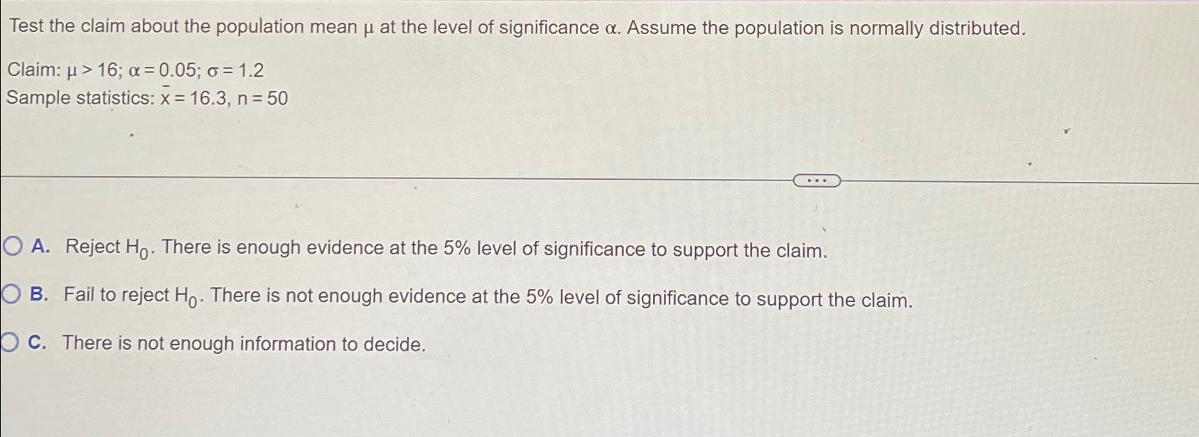 Solved Test the claim about the population mean μ ﻿at the | Chegg.com