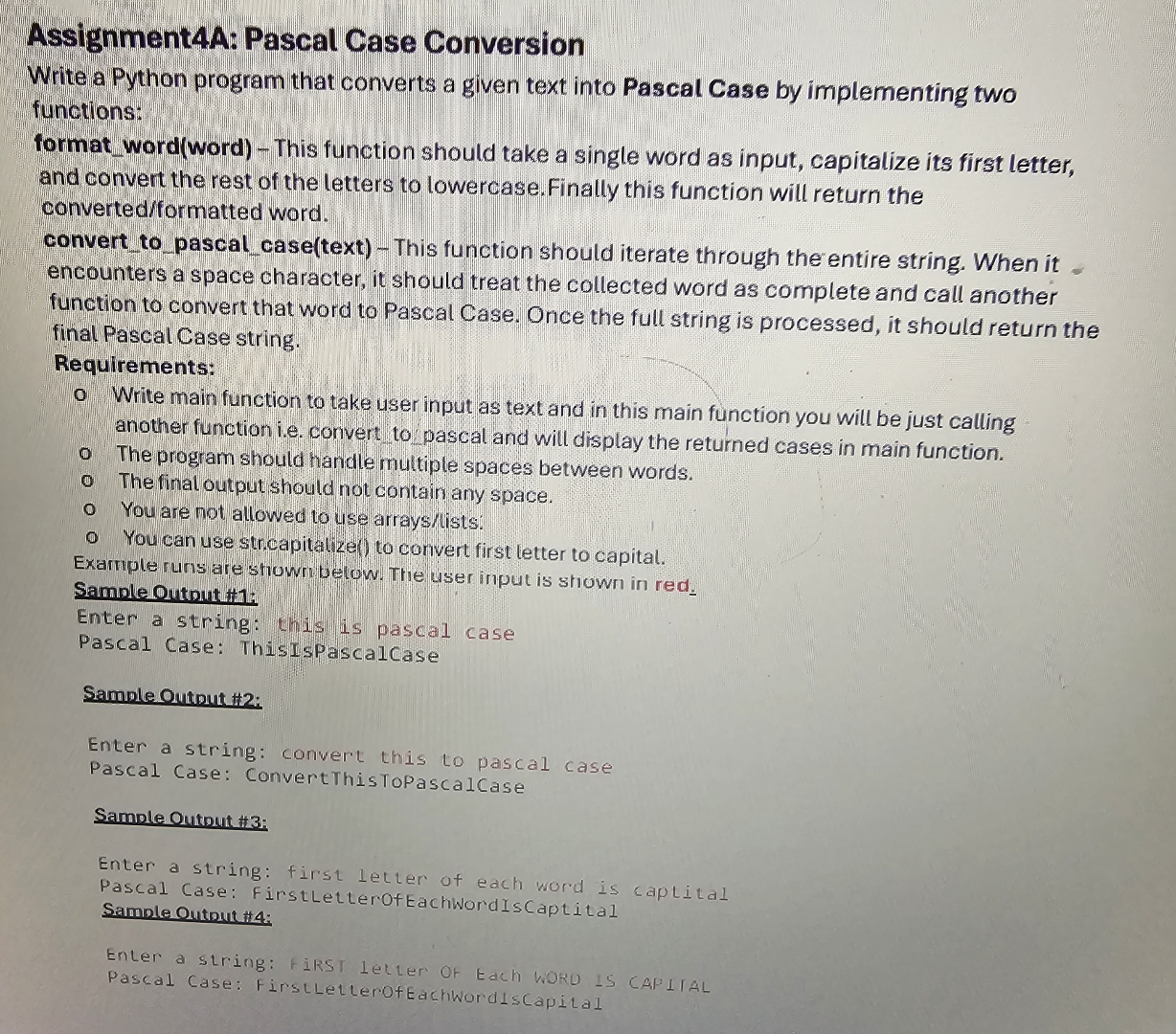 [Solved]: Assignment4A: Pascal Case Conversion Write a Pytho