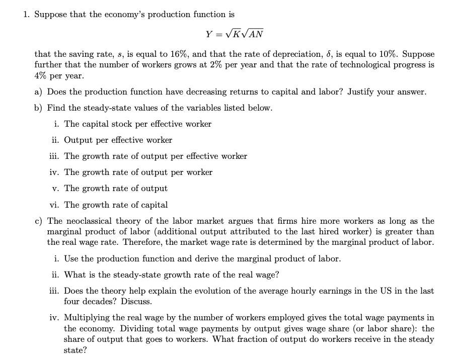 Solved Suppose that the economy's production function | Chegg.com