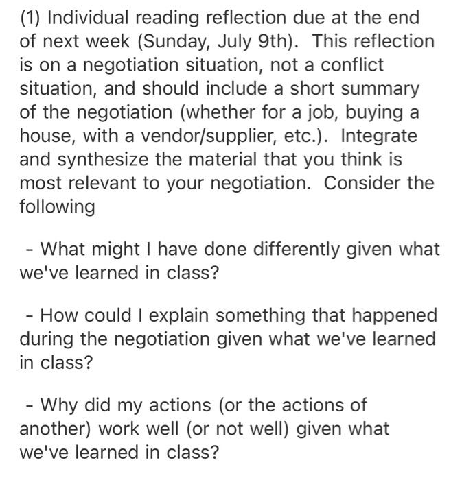 Solved (1) Individual reading reflection due at the end of | Chegg.com