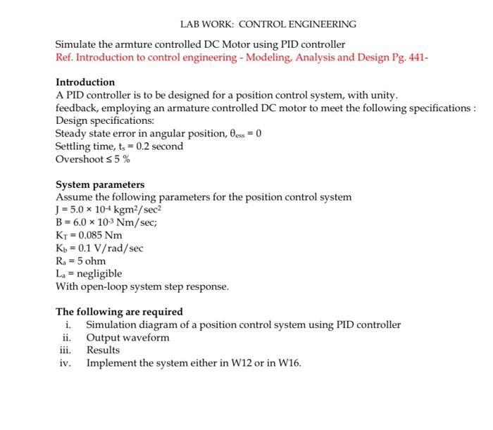 Solved LAB WORK: CONTROL ENGINEERING Simulate the armture | Chegg.com