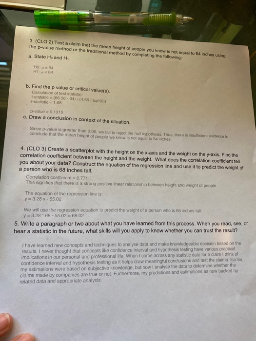 Solved 3. (CLO 2) Test a claim that the mean height of