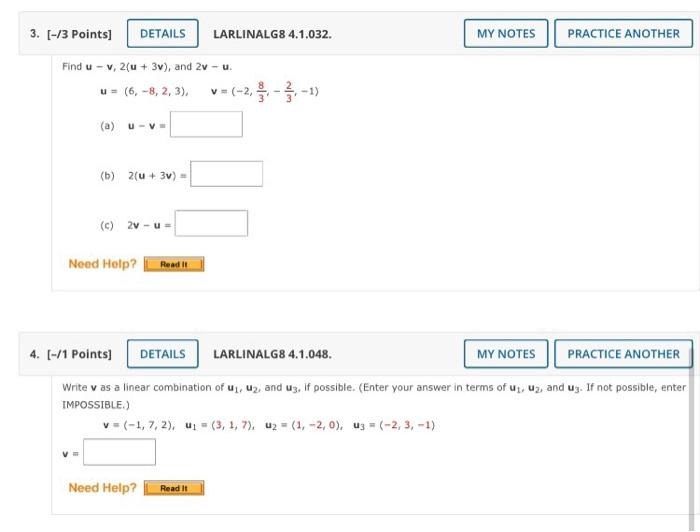 Solved 3. (-13 Points] DETAILS LARLINALG8 4.1.032. MY NOTES | Chegg.com