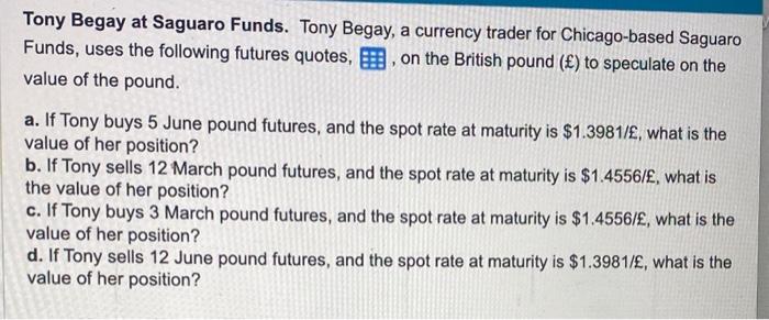 Tony Begay at Saguaro Funds. Tony Begay, a currency trader for Chicago-based Saguaro Funds, uses the following futures quotes