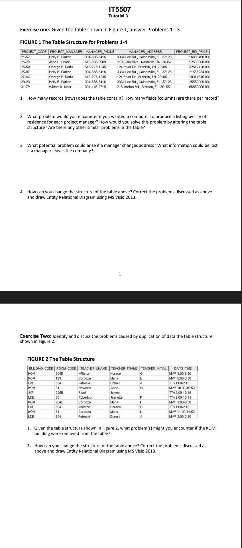 Solved Exercise One: Given The Table Shown In Figure 1, | Chegg.com