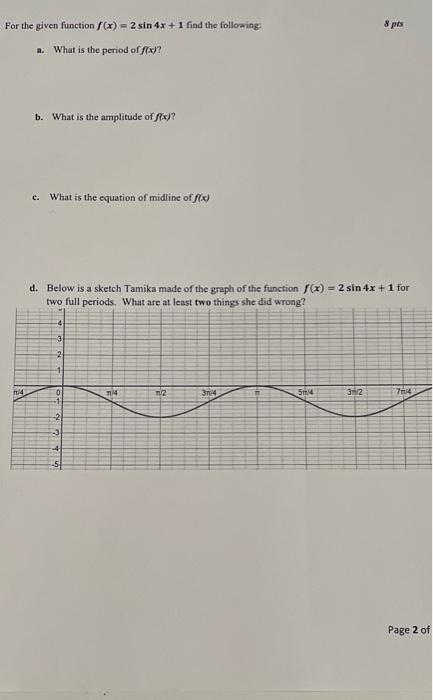 Solved 8 pts For the given function f(x) = 2 sin 4x + 1 find | Chegg.com