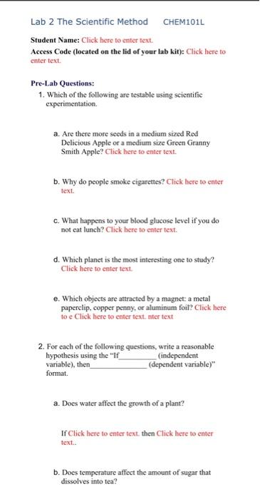Solved Lab 2 The Scientific Method CHEM101L Student Name: | Chegg.com
