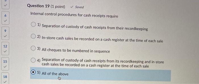 Solved Question 19 (1 Point) Saved Internal Control | Chegg.com