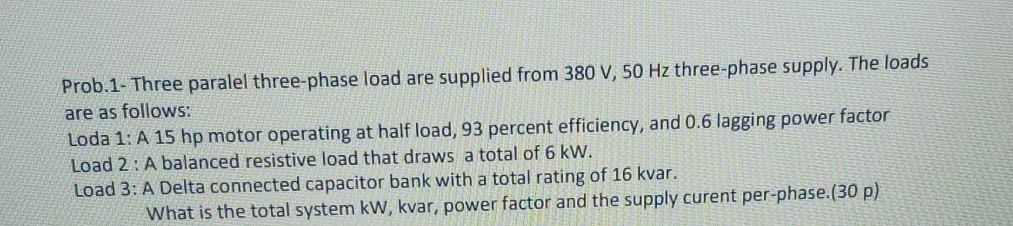 Solved Prob.1- Three paralel three-phase load are supplied | Chegg.com