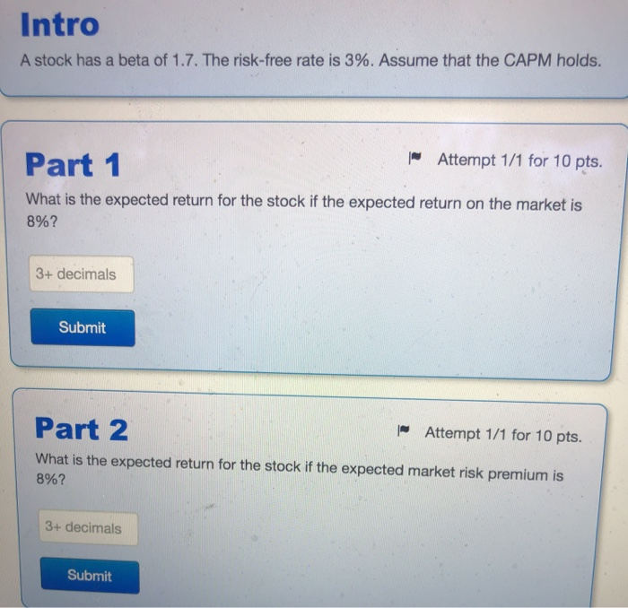 Solved Intro A stock has a beta of 1.7. The riskfree rate
