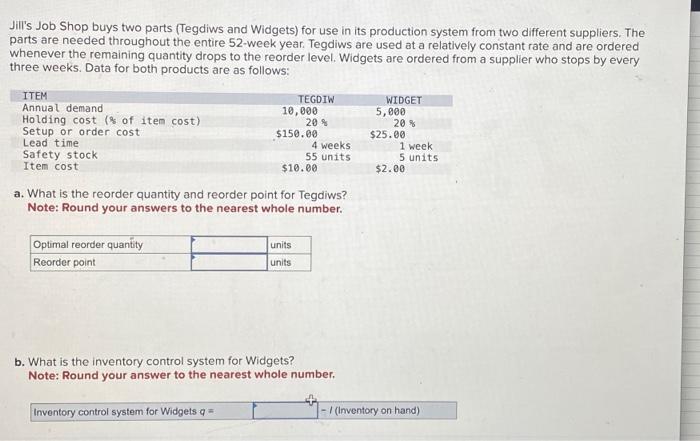 Solved Jill's Job Shop buys two parts (Tegdiws and Widgets) | Chegg.com