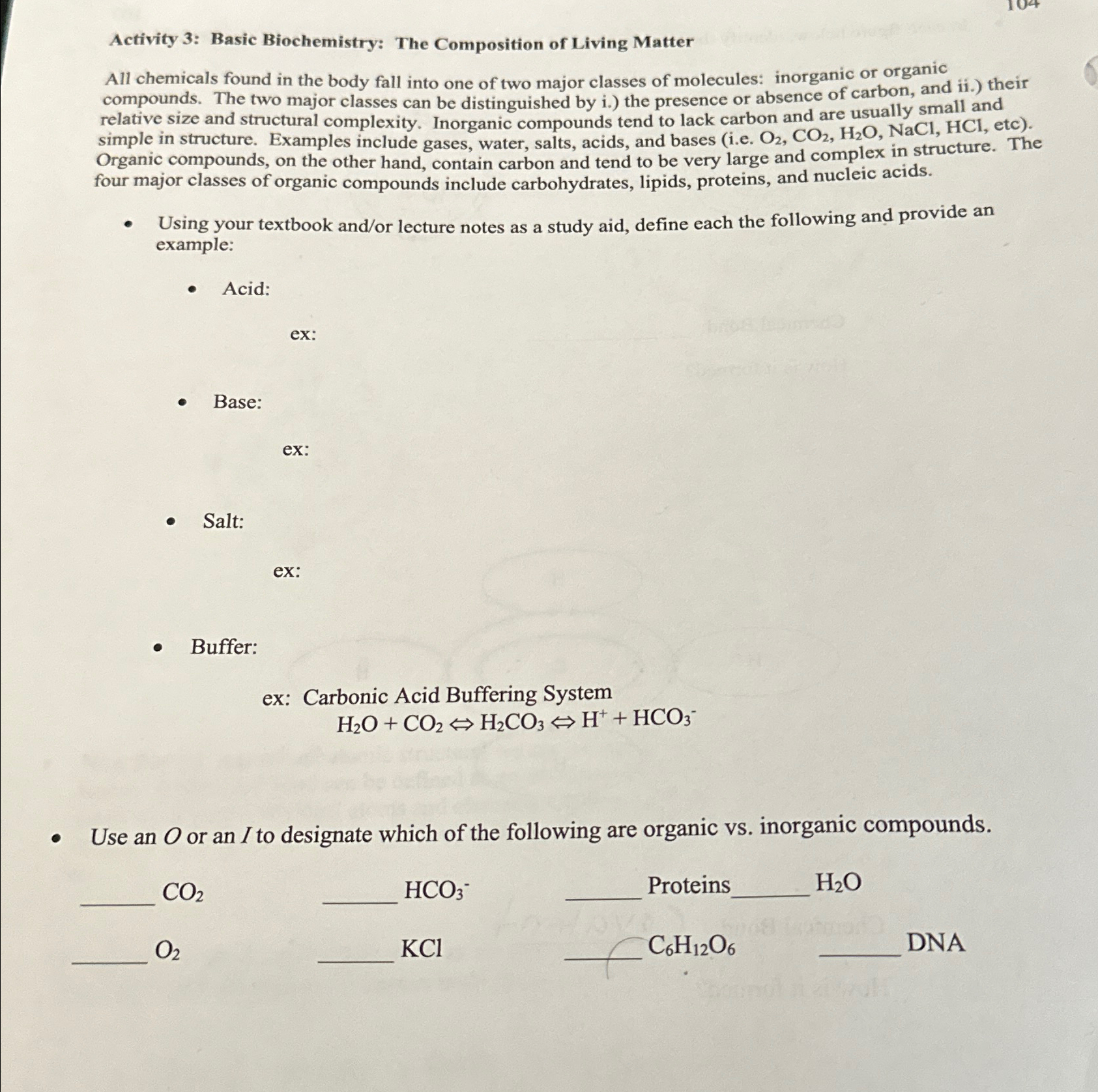 Solved Activity 3: Basic Biochemistry: The Composition of | Chegg.com