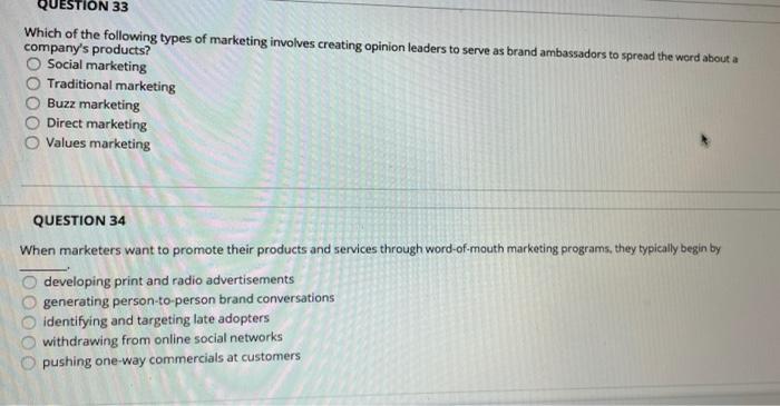 Solved QUESTION 33 Which of the following types of marketing | Chegg.com