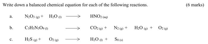 Solved Write down a balanced chemical equation for each of | Chegg.com