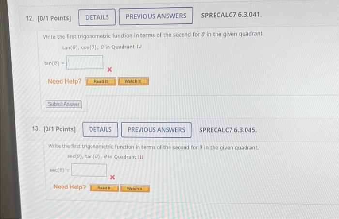 Solved Write the first trigonometric function in terms of | Chegg.com