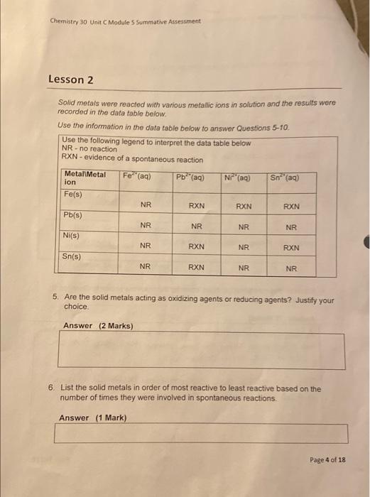Chemistry 30 Unit C Module 5 Summative Assessment | Chegg.com