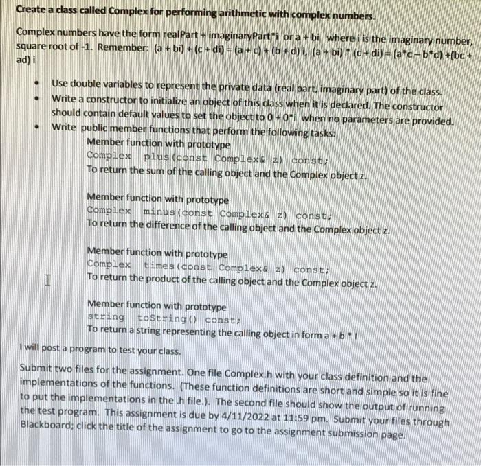Solved Create an improved class called Complex for | Chegg.com