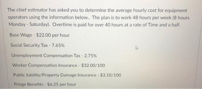 Solved The chief estimator has asked you to determine the | Chegg.com
