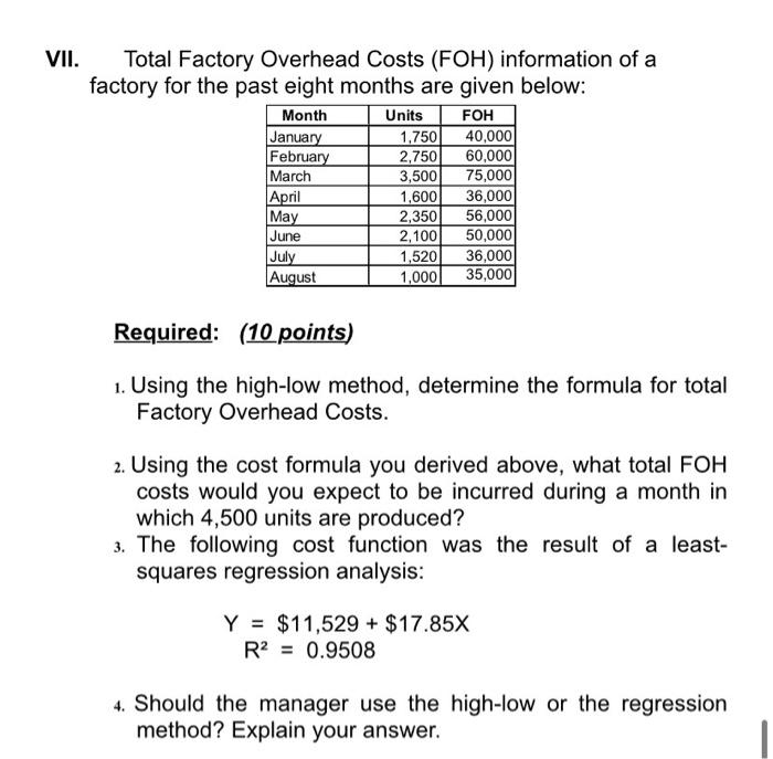 Solved VII. Total Factory Overhead Costs (FOH) information | Chegg.com