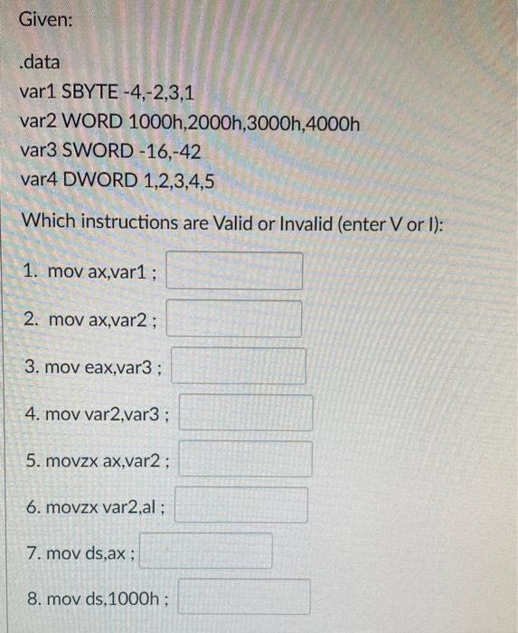 Solved 1 SBYTE -4,-2,3,1 r2 WORD 1000h,2000h, 3000h, 4000h 3 | Chegg.com