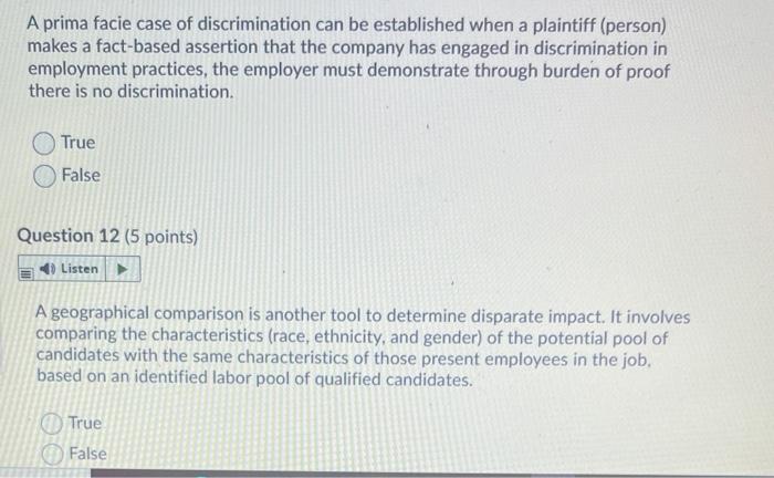 Solved A prima facie case of discrimination can be | Chegg.com