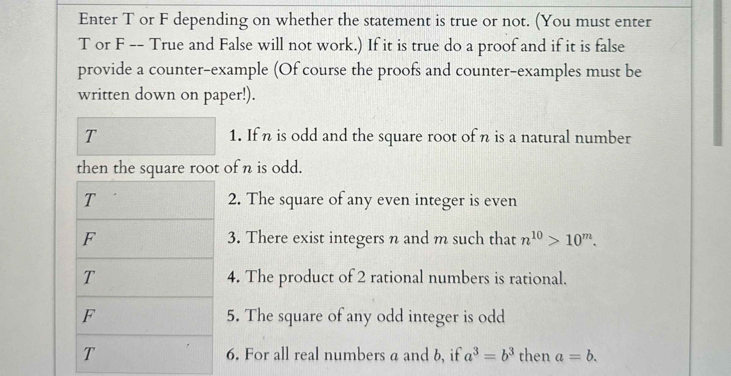 Enter T or F depending on whether the statement is | Chegg.com