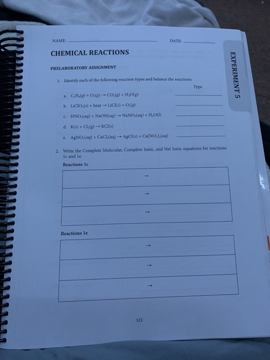 Solved NAME: DATE: CHEMICAL REACTIONS PRELABORATORY | Chegg.com